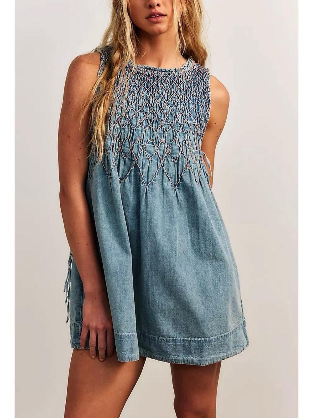 Free People - Maisie Smocked Denim Mini Dress